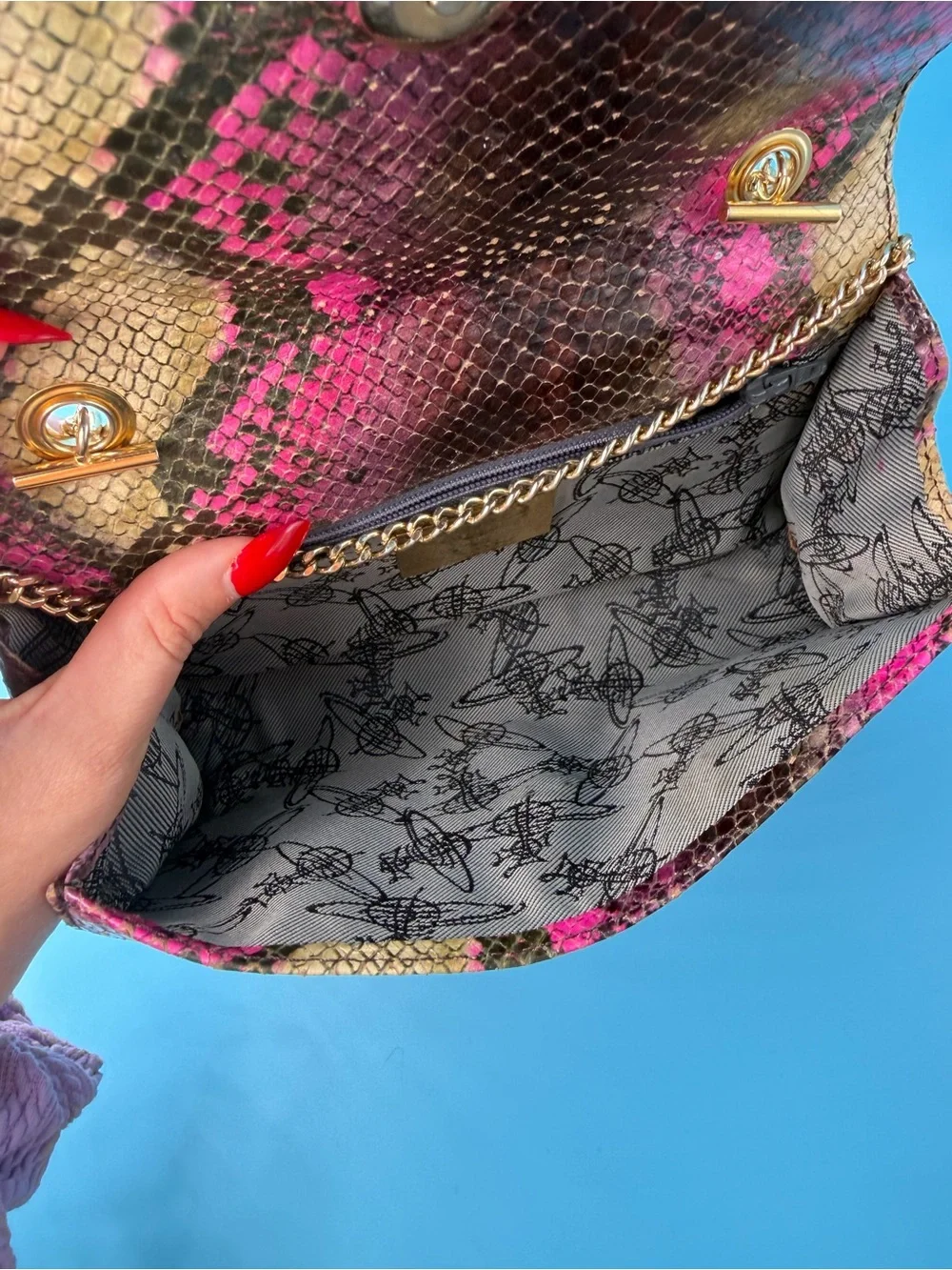 Vivienne Westwood Tie Dye Snake Animal Print Leather Clutch Small Bag Gold Chain - Picture 4 of 8